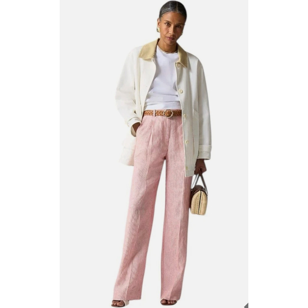 J.Crew Essential Wide Leg Linen Pant Womens 14 Red Striped Trouser High Rise - Picture 2 of 16